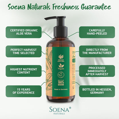 Soena Aloe Vera Gel Organic – Pure Aloe Leaf Juice, Vegan, Unscented, Certified Organic, Made in Germany – Moisturizer for Face, Skin, Hair & Sunburn Relief (8.45 Fl Oz) Avelisse