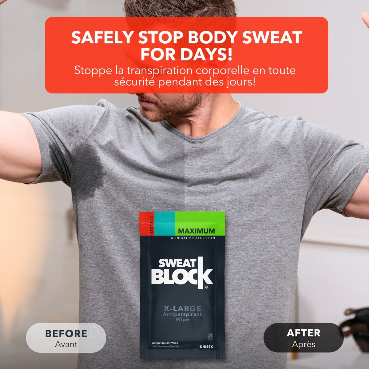 SweatBlock Clinical Strength XL Antiperspirant Body Wipes for Men & Women | Hyperhidrosis Sweat Protection for Hands, Feet, Underarms & Body | Unscented 10 Pack - görsel 5