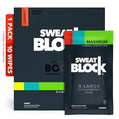 SweatBlock Clinical Strength XL Antiperspirant Body Wipes for Men & Women | Hyperhidrosis Sweat Protection for Hands, Feet, Underarms & Body | Unscented 10 Pack