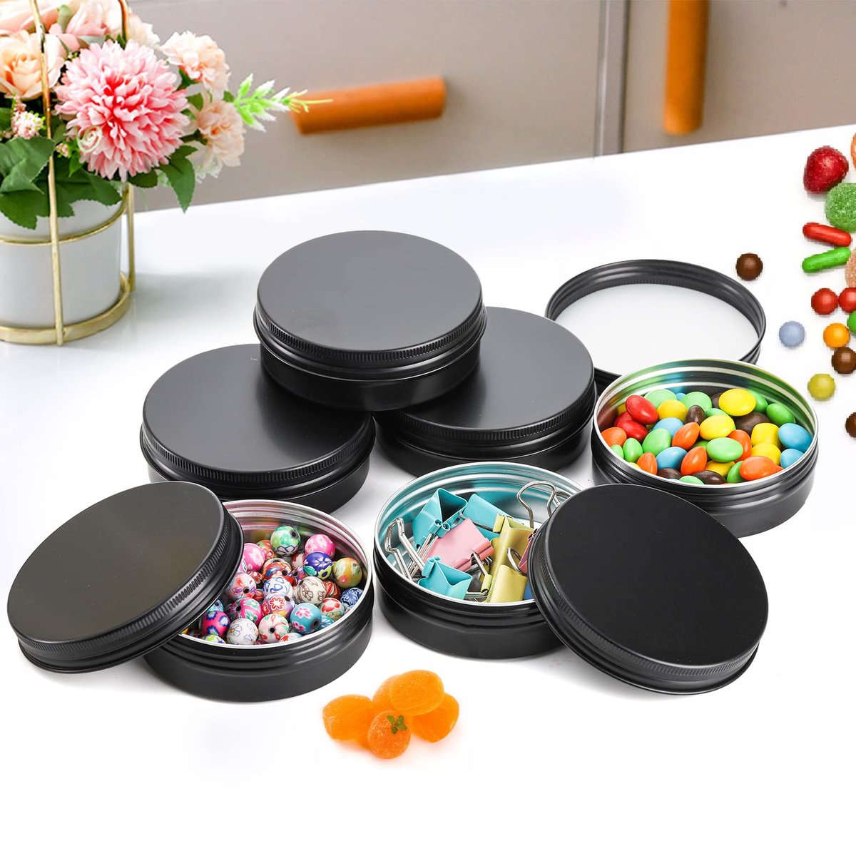 Foraineam 48 Pack 2 oz Round Lip Balm Tin Cans - Aluminum Cosmetic Sample Containers with Screw Lid - Matte Black Metal Empty Tins Storage Travel Tin Jars Avelisse
