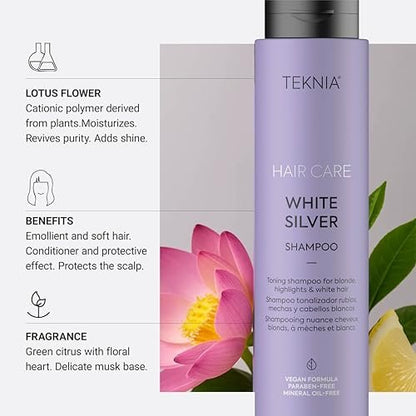 LAKMÉ Teknia White Silver Shampoo - Toning Shampoo for Blondes and Bleached Hair, 10.2 Fl Oz