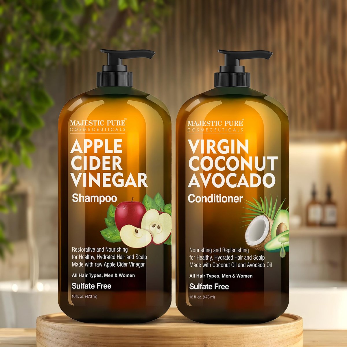Majestic Pure Apple Cider Vinegar Shampoo & Avocado Coconut Conditioner Set – Restore Shine, Reduce Itchy Scalp & Frizz – Sulfate Free for All Hair Types – 2 x 16 fl oz Avelisse