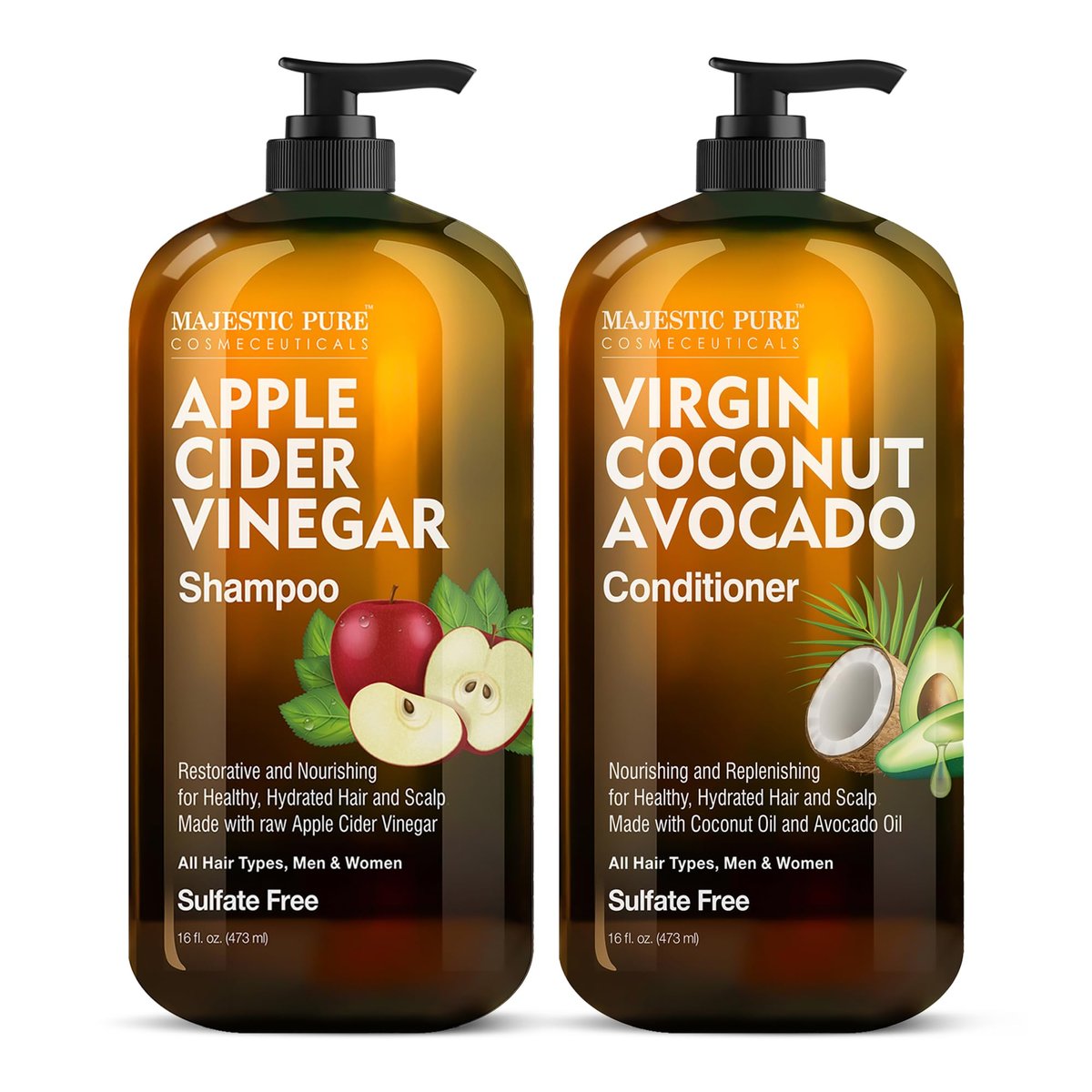 Majestic Pure Apple Cider Vinegar Shampoo & Avocado Coconut Conditioner Set – Restore Shine, Reduce Itchy Scalp & Frizz – Sulfate Free for All Hair Types – 2 x 16 fl oz Avelisse