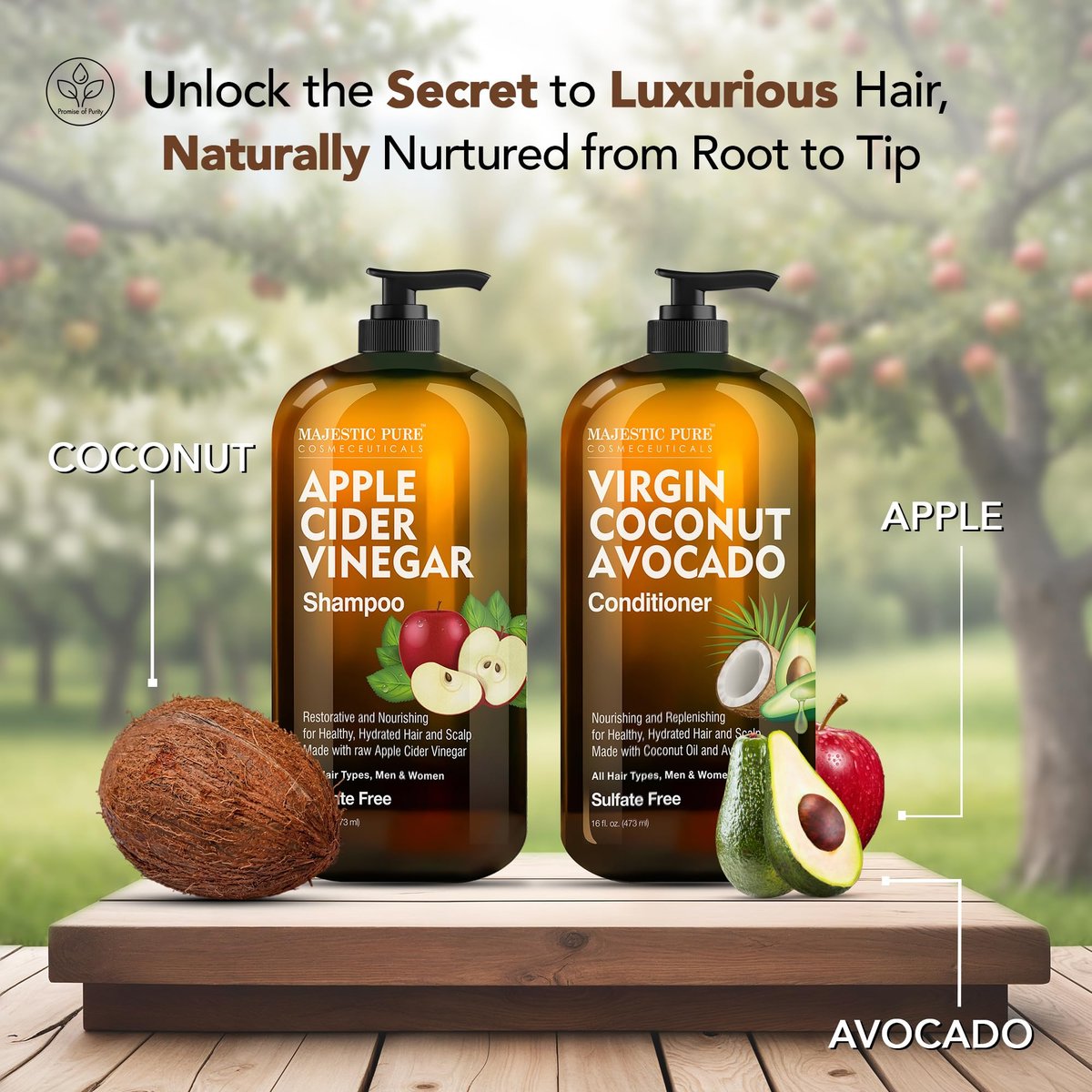 Majestic Pure Apple Cider Vinegar Shampoo & Avocado Coconut Conditioner Set – Restore Shine, Reduce Itchy Scalp & Frizz – Sulfate Free for All Hair Types – 2 x 16 fl oz Avelisse