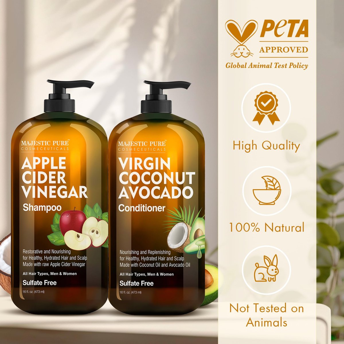 Majestic Pure Apple Cider Vinegar Shampoo & Avocado Coconut Conditioner Set – Restore Shine, Reduce Itchy Scalp & Frizz – Sulfate Free for All Hair Types – 2 x 16 fl oz Avelisse
