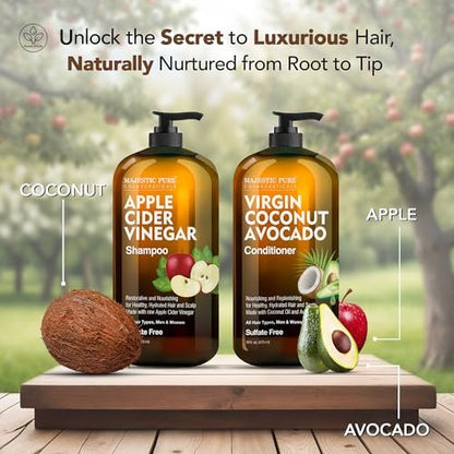 Majestic Pure Apple Cider Vinegar Shampoo & Avocado Coconut Conditioner Set – Restore Shine, Reduce Itchy Scalp & Frizz – Sulfate Free for All Hair Types – 2 x 16 fl oz Avelisse
