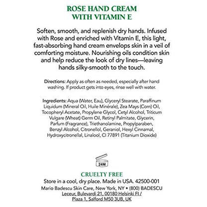 Mario Badescu Rose Hand Cream with Vitamin E - Non-Greasy, Fast-Absorbing Moisturizer for Dry Cracked Hands, 3 oz