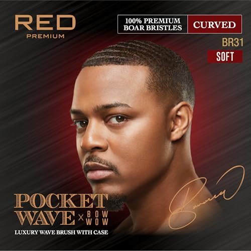 Red by Kiss Premium Pocket Wave Bow Wow Curved Palm Brush - Soft High Density Bristles for Deep 360 Waves, Travel Size with Cover for Coarse Hair & Wolfing Stage Avelisse