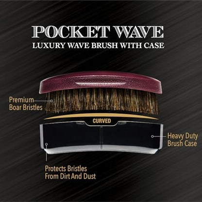 Red by Kiss Premium Pocket Wave Bow Wow Curved Palm Brush - Soft High Density Bristles for Deep 360 Waves, Travel Size with Cover for Coarse Hair & Wolfing Stage Avelisse