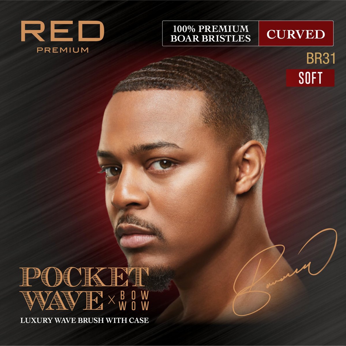 Red by Kiss Premium Pocket Wave Bow Wow Curved Palm Brush - Soft High Density Bristles for Deep 360 Waves, Travel Size with Cover for Coarse Hair & Wolfing Stage Avelisse