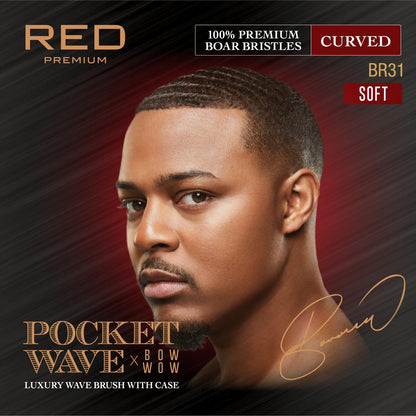 Red by Kiss Premium Pocket Wave Bow Wow Curved Palm Brush - Soft High Density Bristles for Deep 360 Waves, Travel Size with Cover for Coarse Hair & Wolfing Stage Avelisse