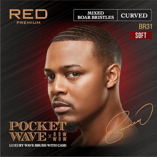 Red by Kiss Premium Pocket Wave Bow Wow Curved Palm Brush - Boar Bristles for 360 Waves, Curved Design for Precision Control, Ideal for Coarse, Curly, Short Hair & Fades (Medium) Avelisse