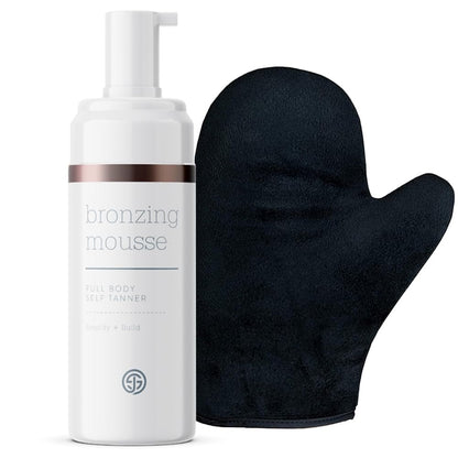 SJOLIE Self Tanner - Express Sunless Tanning Mousse + Mitt Applicator | Medium Dark Color, Streak-Free, Vegan, No Parabens Avelisse
