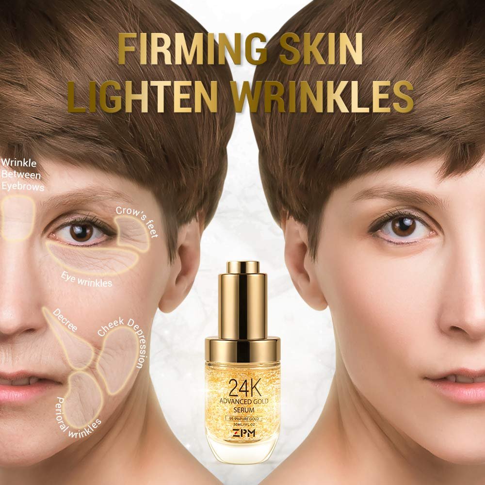 24K Gold Anti Aging Face Serum with Vitamin C, Hyaluronic Acid & Vitamin E - Day & Night Wrinkle Reduction Cream, 1 FL OZ Avelisse