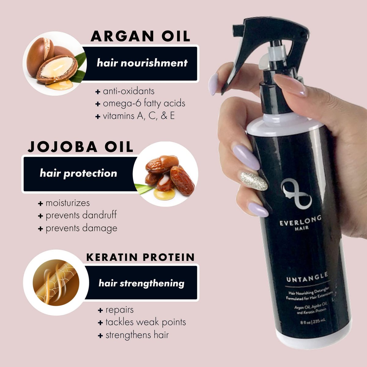 everlong Untangle Leave-in Conditioner Detangler Spray for Hair Extensions & Wigs - Infused with Keratin Protein, Argan and Jojoba Oil, Safe for All Hair Types Including Human and Synthetic - 8 Fl Oz Avelisse