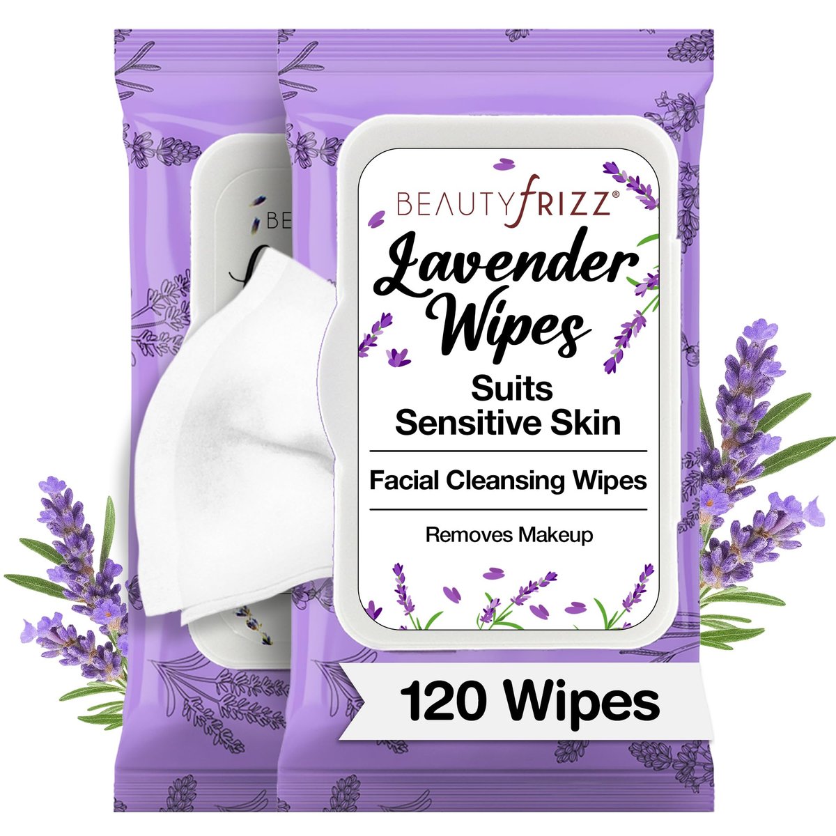 BeautyFrizz Lavender Face Wipes - 120 Count - Gentle No Rinse Makeup Remover & Facial Cleansing Wipes with Aloe, Castor, Vitamin A & E - Moisturizing, Extra Soft for Sensitive Skin - görsel 1