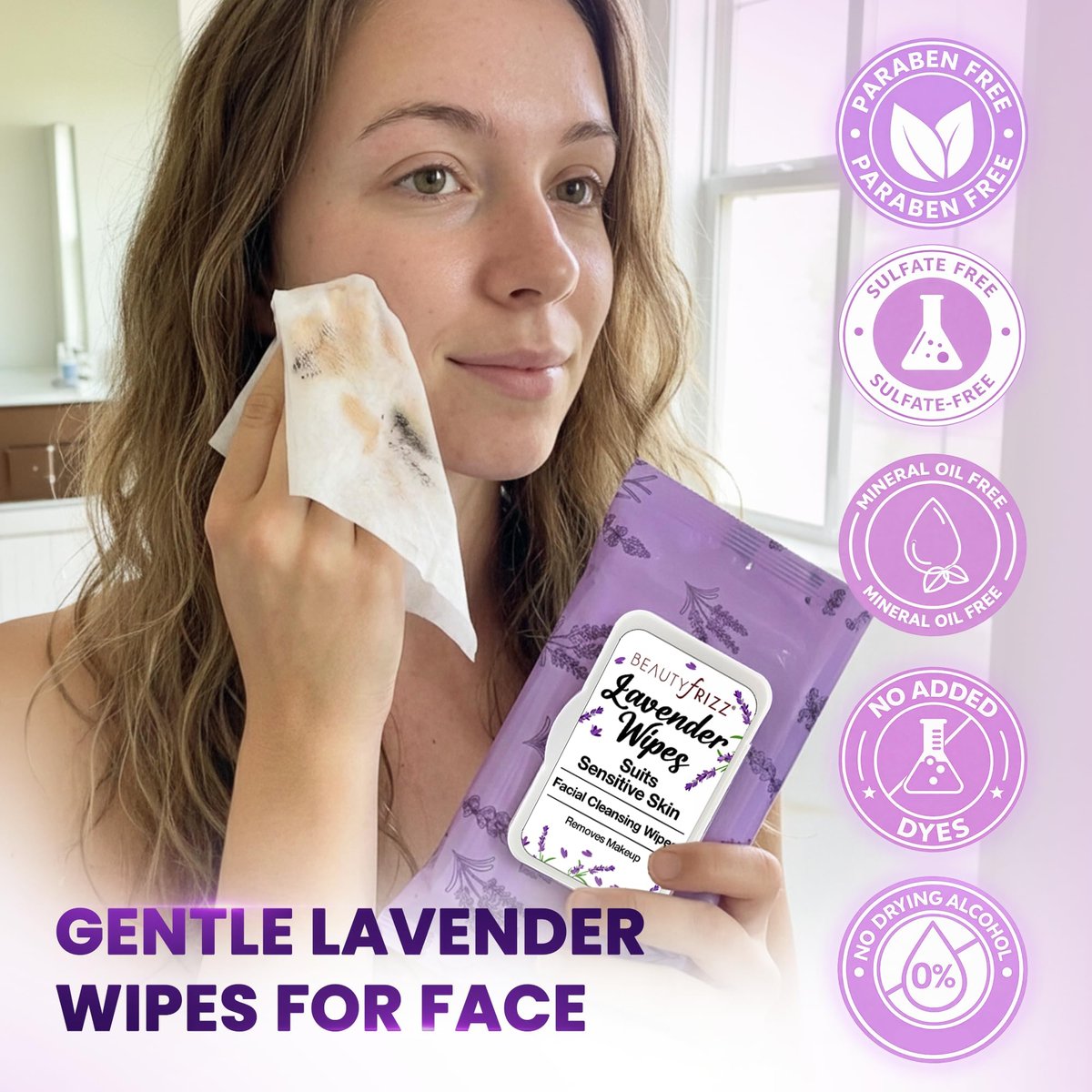 BeautyFrizz Lavender Face Wipes - 120 Count - Gentle No Rinse Makeup Remover & Facial Cleansing Wipes with Aloe, Castor, Vitamin A & E - Moisturizing, Extra Soft for Sensitive Skin - görsel 3