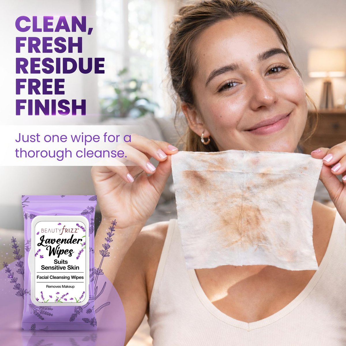 BeautyFrizz Lavender Face Wipes - 120 Count - Gentle No Rinse Makeup Remover & Facial Cleansing Wipes with Aloe, Castor, Vitamin A & E - Moisturizing, Extra Soft for Sensitive Skin - görsel 7