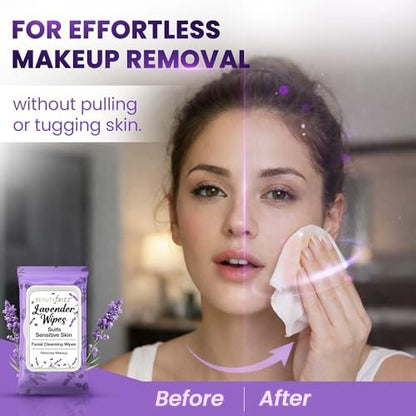 BeautyFrizz Lavender Face Wipes - 120 Count - Gentle No Rinse Makeup Remover & Facial Cleansing Wipes with Aloe, Castor, Vitamin A & E - Moisturizing, Extra Soft for Sensitive Skin