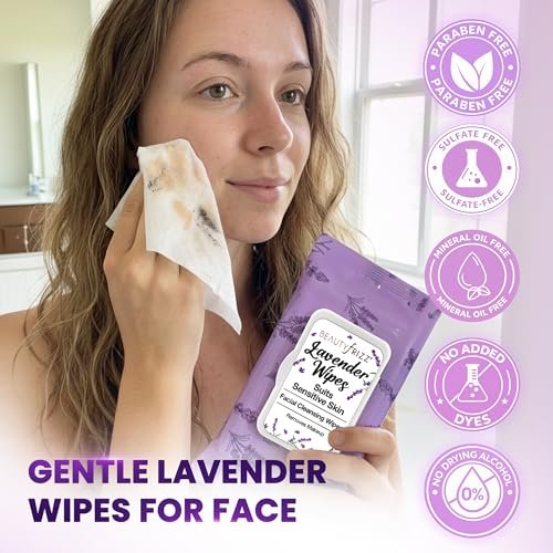 BeautyFrizz Lavender Face Wipes - 120 Count - Gentle No Rinse Makeup Remover & Facial Cleansing Wipes with Aloe, Castor, Vitamin A & E - Moisturizing, Extra Soft for Sensitive Skin - görsel 4