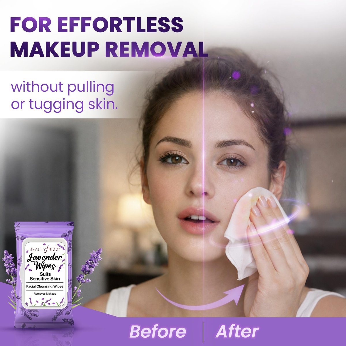 BeautyFrizz Lavender Face Wipes - 120 Count - Gentle No Rinse Makeup Remover & Facial Cleansing Wipes with Aloe, Castor, Vitamin A & E - Moisturizing, Extra Soft for Sensitive Skin - görsel 5