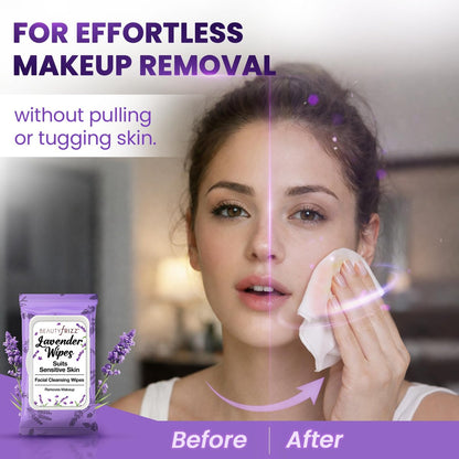 BeautyFrizz Lavender Face Wipes - 120 Count - Gentle No Rinse Makeup Remover & Facial Cleansing Wipes with Aloe, Castor, Vitamin A & E - Moisturizing, Extra Soft for Sensitive Skin