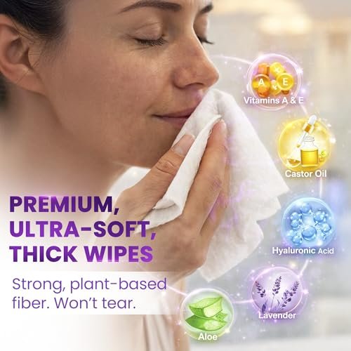 BeautyFrizz Lavender Face Wipes - 120 Count - Gentle No Rinse Makeup Remover & Facial Cleansing Wipes with Aloe, Castor, Vitamin A & E - Moisturizing, Extra Soft for Sensitive Skin - görsel 10