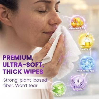 BeautyFrizz Lavender Face Wipes - 120 Count - Gentle No Rinse Makeup Remover & Facial Cleansing Wipes with Aloe, Castor, Vitamin A & E - Moisturizing, Extra Soft for Sensitive Skin