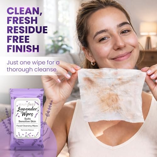 BeautyFrizz Lavender Face Wipes - 120 Count - Gentle No Rinse Makeup Remover & Facial Cleansing Wipes with Aloe, Castor, Vitamin A & E - Moisturizing, Extra Soft for Sensitive Skin - görsel 8