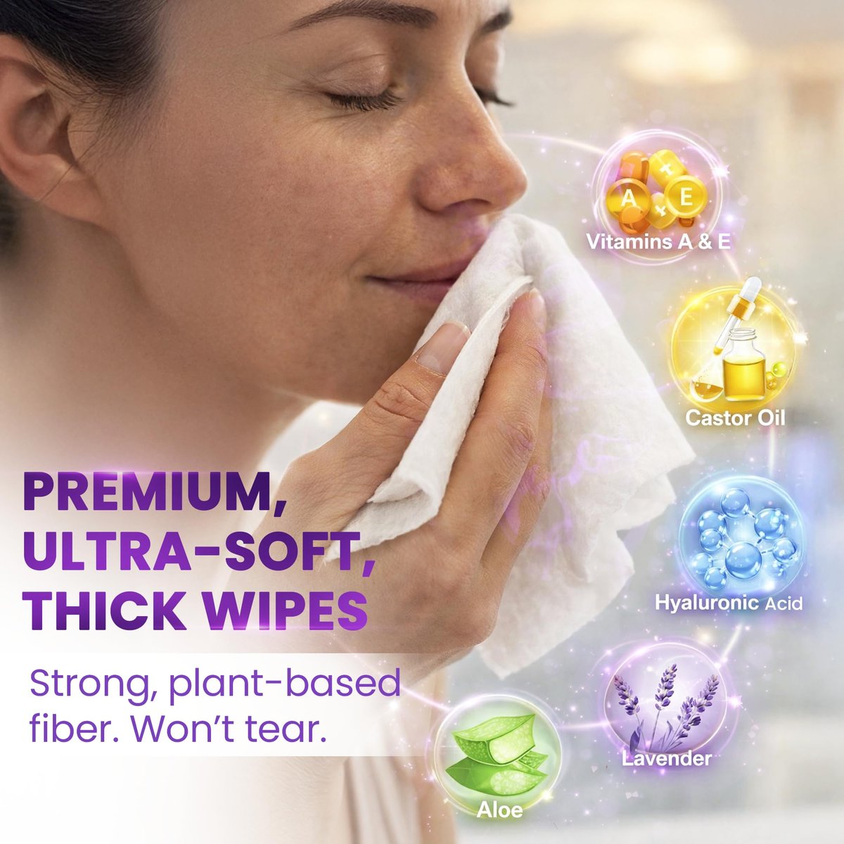 BeautyFrizz Lavender Face Wipes - 120 Count - Gentle No Rinse Makeup Remover & Facial Cleansing Wipes with Aloe, Castor, Vitamin A & E - Moisturizing, Extra Soft for Sensitive Skin - görsel 9
