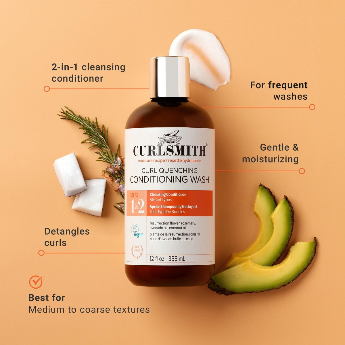CURLSMITH Curl Quenching Conditioning Wash - Vegan Co-Wash 2-in-1 Conditioner & Shampoo for Wavy, Curly, and Coily Hair (32 oz) Avelisse