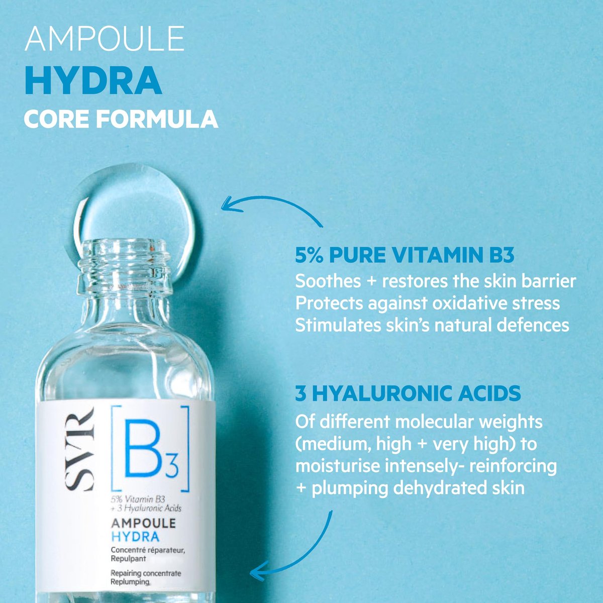 SVR [B3] Concentrate Hydra Plumping Face Serum with Niacinamide and 3 Types of Hyaluronic Acid - Fragrance Free Moisturizing Serum, Reduces Fine Lines, 1 Fl Oz Avelisse
