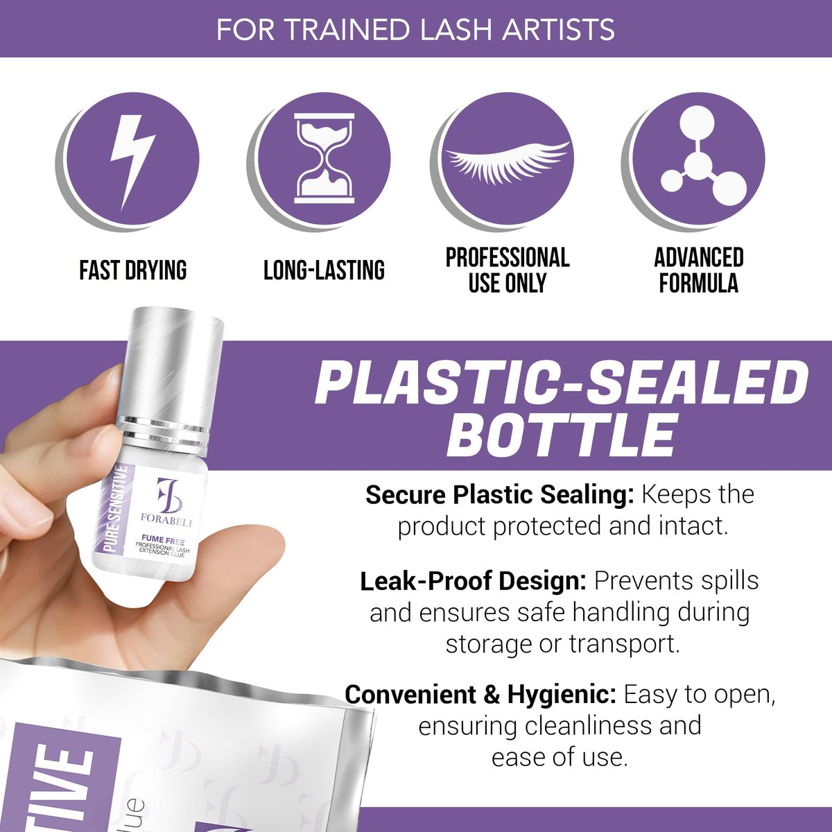 Forabeli Pure Sensitive Eyelash Extension Glue - Fume-Free, 6-7 Second Drying, 4 Weeks Retention, Black 5ml Avelisse