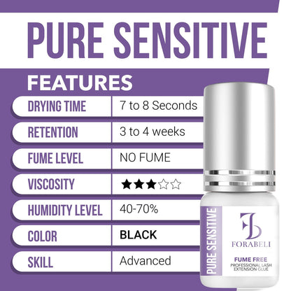 Forabeli Pure Sensitive Eyelash Extension Glue - Fume-Free, 6-7 Second Drying, 4 Weeks Retention, Black 5ml Avelisse
