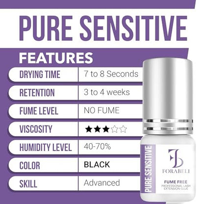 Forabeli Pure Sensitive Eyelash Extension Glue - Fume-Free, 6-7 Second Drying, 4 Weeks Retention, Black 5ml Avelisse