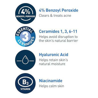 CeraVe Acne Foaming Cream Cleanser with 4% Benzoyl Peroxide, Hyaluronic Acid, Niacinamide & Ceramides – Gentle Daily Acne Treatment Face Wash, 5 Fl Oz Avelisse