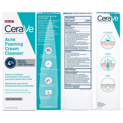 CeraVe Acne Foaming Cream Cleanser with 4% Benzoyl Peroxide, Hyaluronic Acid, Niacinamide & Ceramides – Gentle Daily Acne Treatment Face Wash, 5 Fl Oz Avelisse