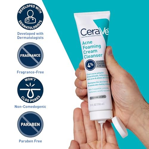 CeraVe Acne Foaming Cream Cleanser with 4% Benzoyl Peroxide, Hyaluronic Acid, Niacinamide & Ceramides – Gentle Daily Acne Treatment Face Wash, 5 Fl Oz Avelisse