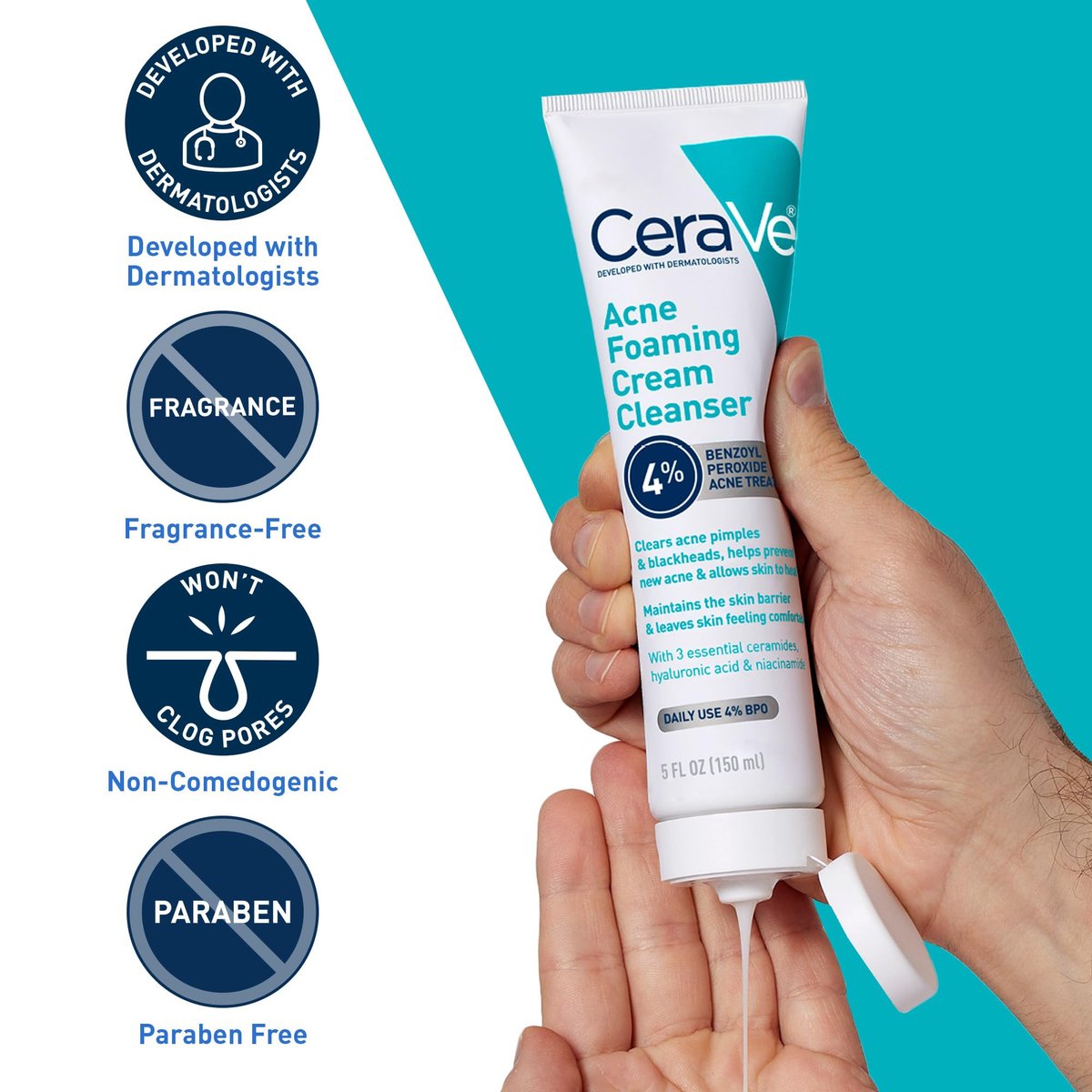 CeraVe Acne Foaming Cream Cleanser with 4% Benzoyl Peroxide, Hyaluronic Acid, Niacinamide & Ceramides – Gentle Daily Acne Treatment Face Wash, 5 Fl Oz Avelisse
