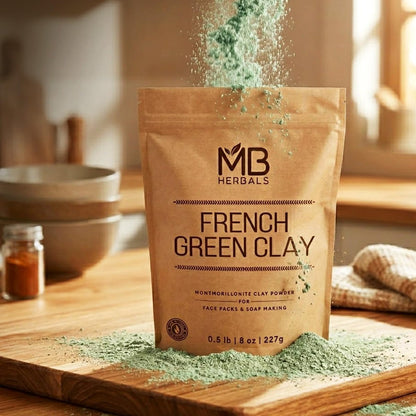 MB Herbals French Green Clay 8 oz (0.5 lb / 227 g) – 100% Pure Montmorillonite Clay Face Mask for Oily Skin, Detox & Oil Control