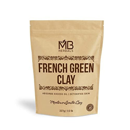 MB Herbals French Green Clay 8 oz (0.5 lb / 227 g) – 100% Pure Montmorillonite Clay Face Mask for Oily Skin, Detox & Oil Control