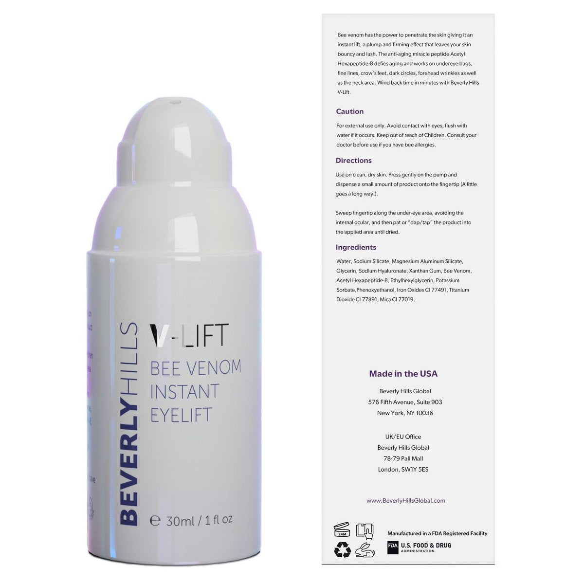 Beverly Hills V-Lift Instant Eye Lift & Eye Tuck Bee Venom Serum – 30mL (120-Day Supply) for Puffy Eyes, Dark Circles, Wrinkles & Under Eye Bags Avelisse