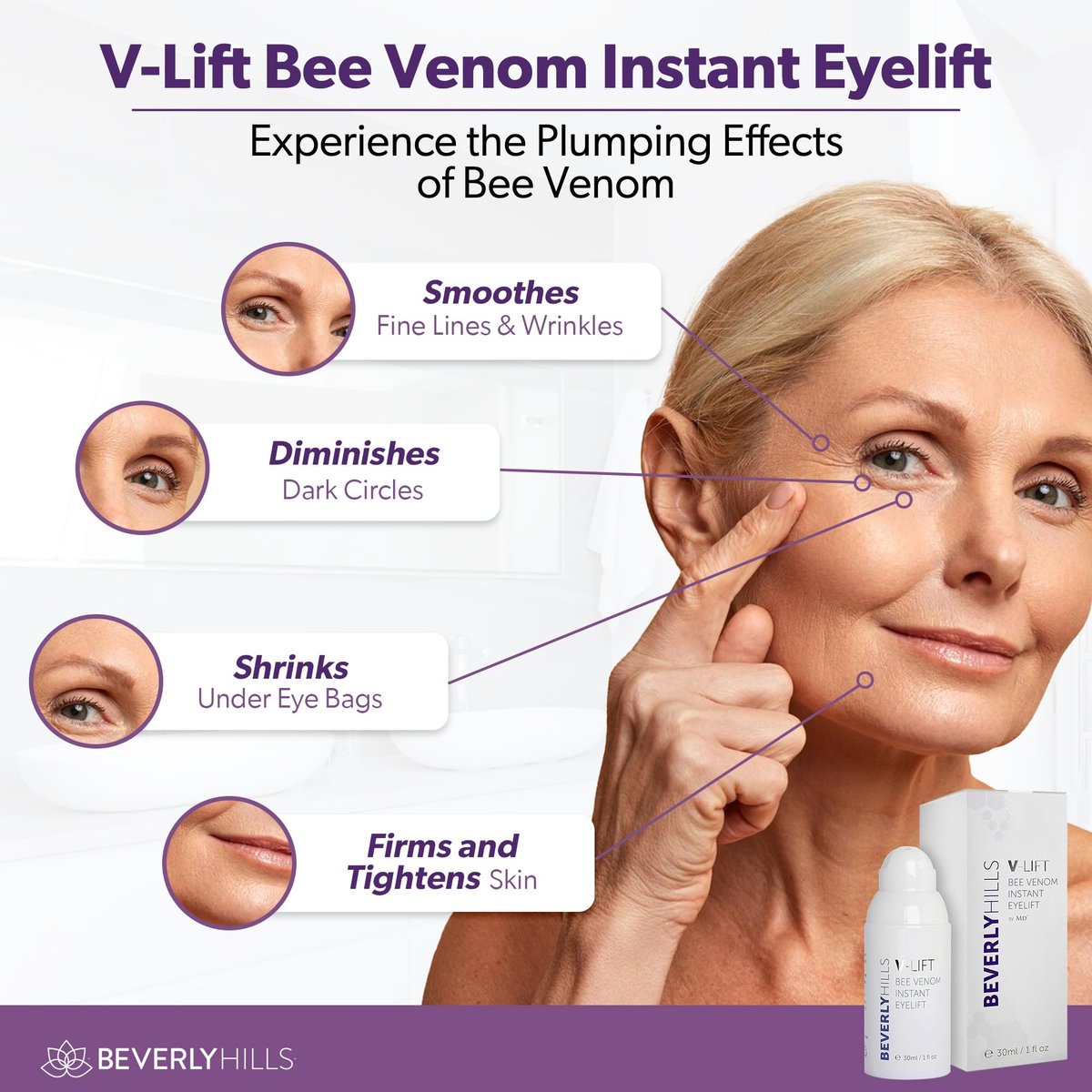 Beverly Hills V-Lift Instant Eye Lift & Eye Tuck Bee Venom Serum – 30mL (120-Day Supply) for Puffy Eyes, Dark Circles, Wrinkles & Under Eye Bags Avelisse