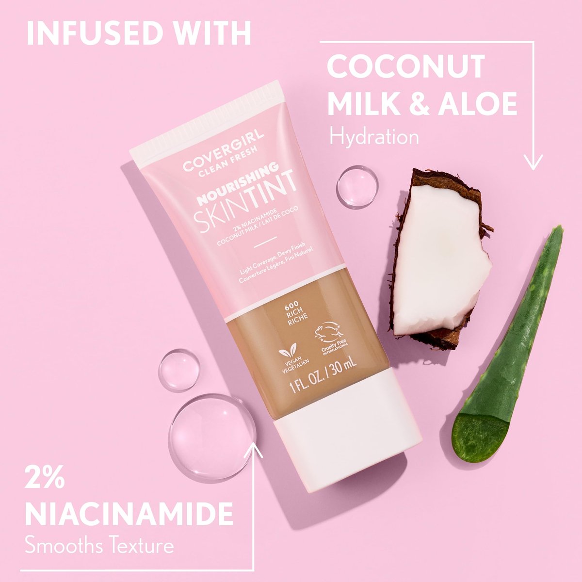 COVERGIRL Clean Fresh Nourishing Skin Tint, 520 Fair/Light - Dewy Finish Liquid Foundation with Coconut & Aloe, Vegan - görsel 12