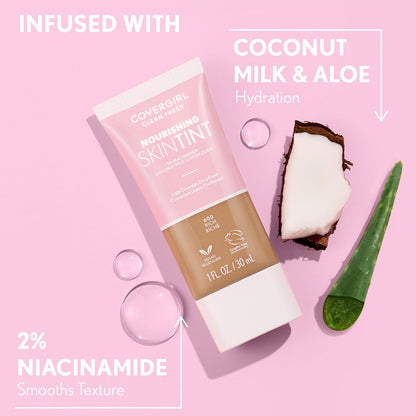 COVERGIRL Clean Fresh Nourishing Skin Tint, 520 Fair/Light - Dewy Finish Liquid Foundation with Coconut & Aloe, Vegan