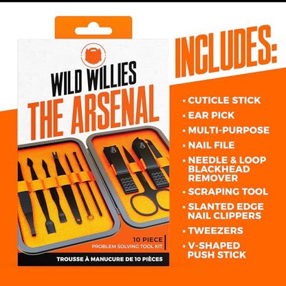 Wild Willies 10-Piece Pedicure & Manicure Kit for Men & Women - Compact Travel Nail Grooming Set with Clippers, Scissors, Tweezers, Files Avelisse