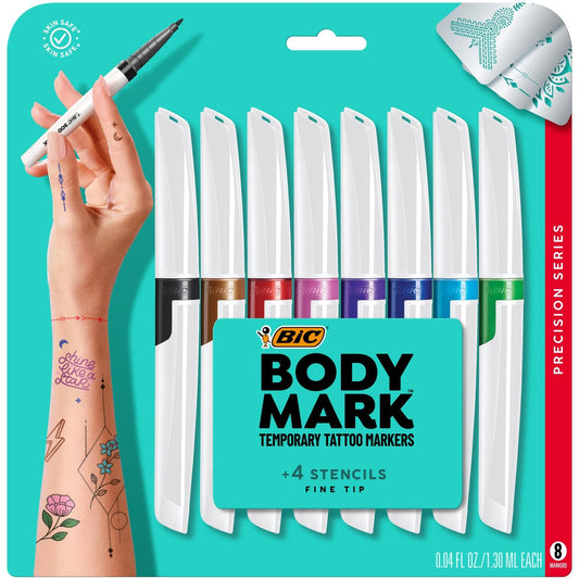 BIC BodyMark Temporary Tattoo Markers for Skin, Precision Series, Fine Tip, 8-Count Assorted Colors, Skin-Safe, Cosmetic Quality Avelisse