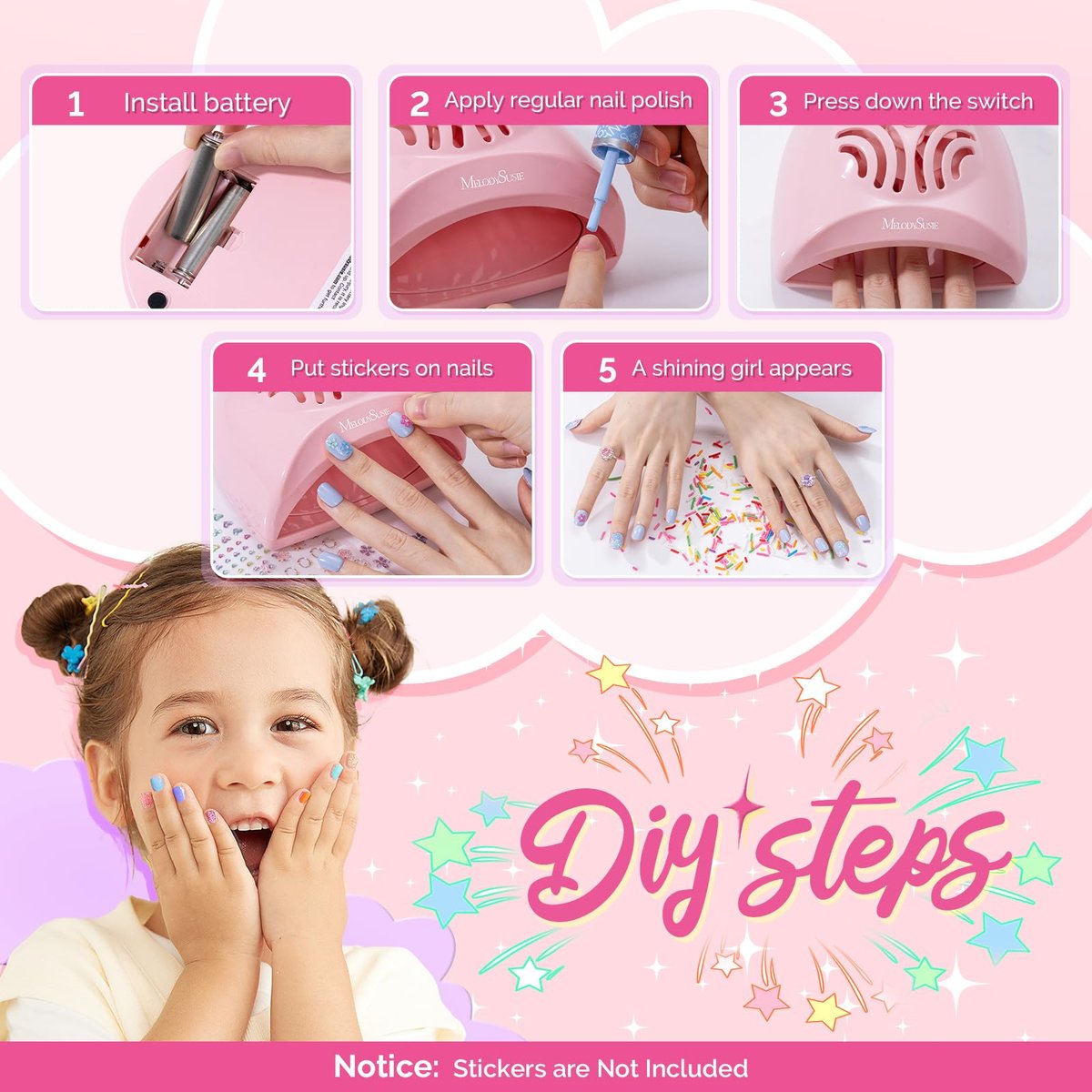 MelodySusie Portable Kids Nail Dryer - Mini Nail Fan for Water Based Nail Polish, Safe for Kids, Pink, 1 Count Avelisse