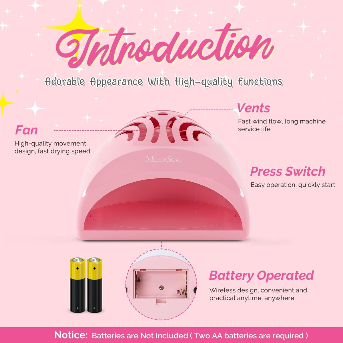 MelodySusie Portable Kids Nail Dryer - Mini Nail Fan for Water Based Nail Polish, Safe for Kids, Pink, 1 Count Avelisse