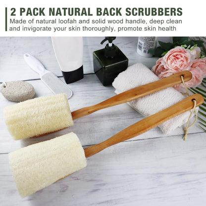 Natural Exfoliating Loofah Luffa Bath Brush on a Stick – 2 Pack Long Wooden Handle Back Scrubber for Men & Women